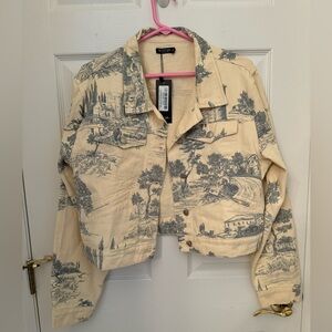 NWT Nasty Gal Denim Jacket in Cream and Blue Toile Print, Size 14